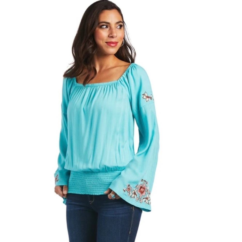 Ariat Chica Del Valle Top Blue Embroidered Bell Sleeve